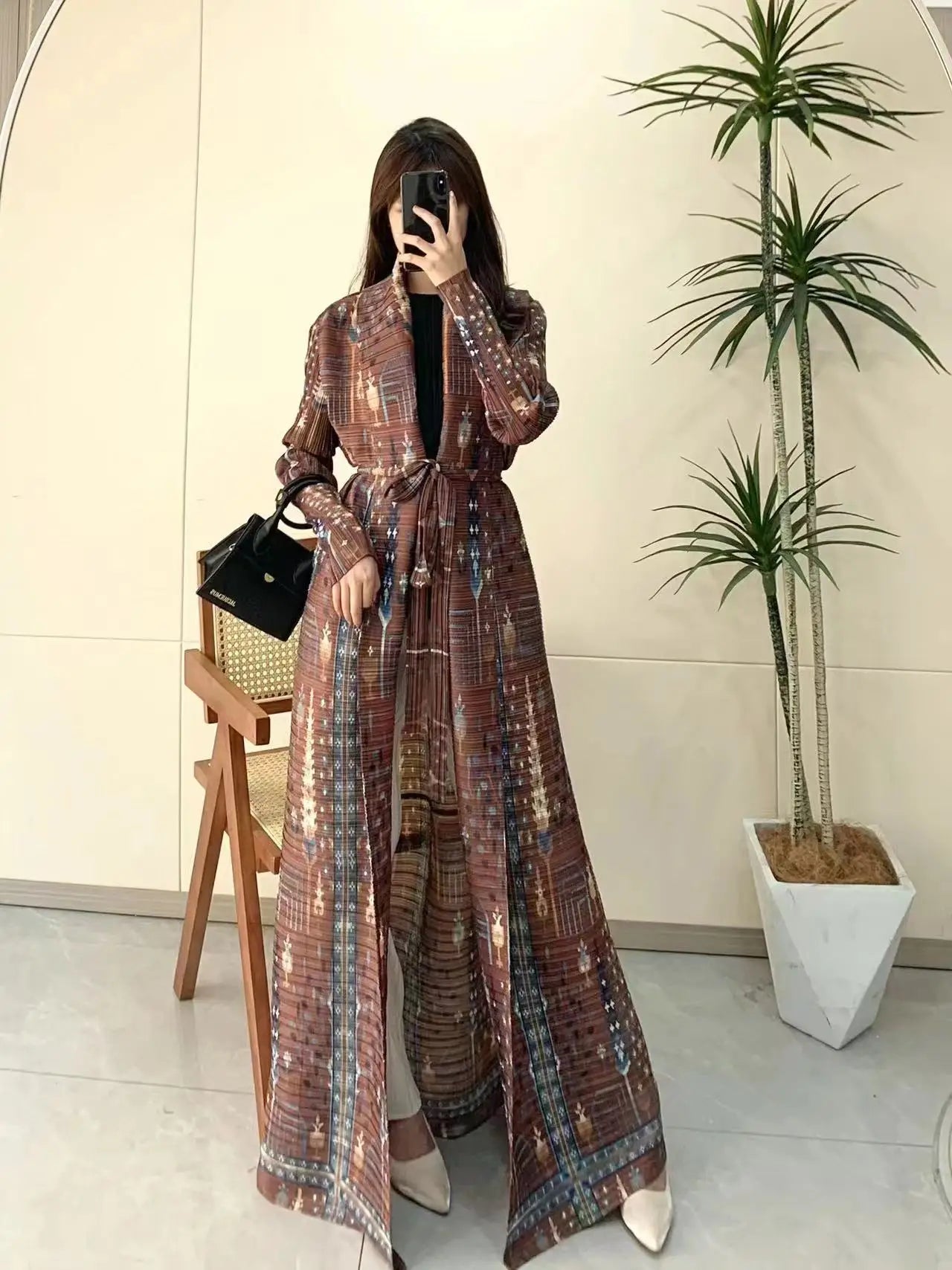 Miyake Pleated Print Foldable Collar Long Sleeve Coats