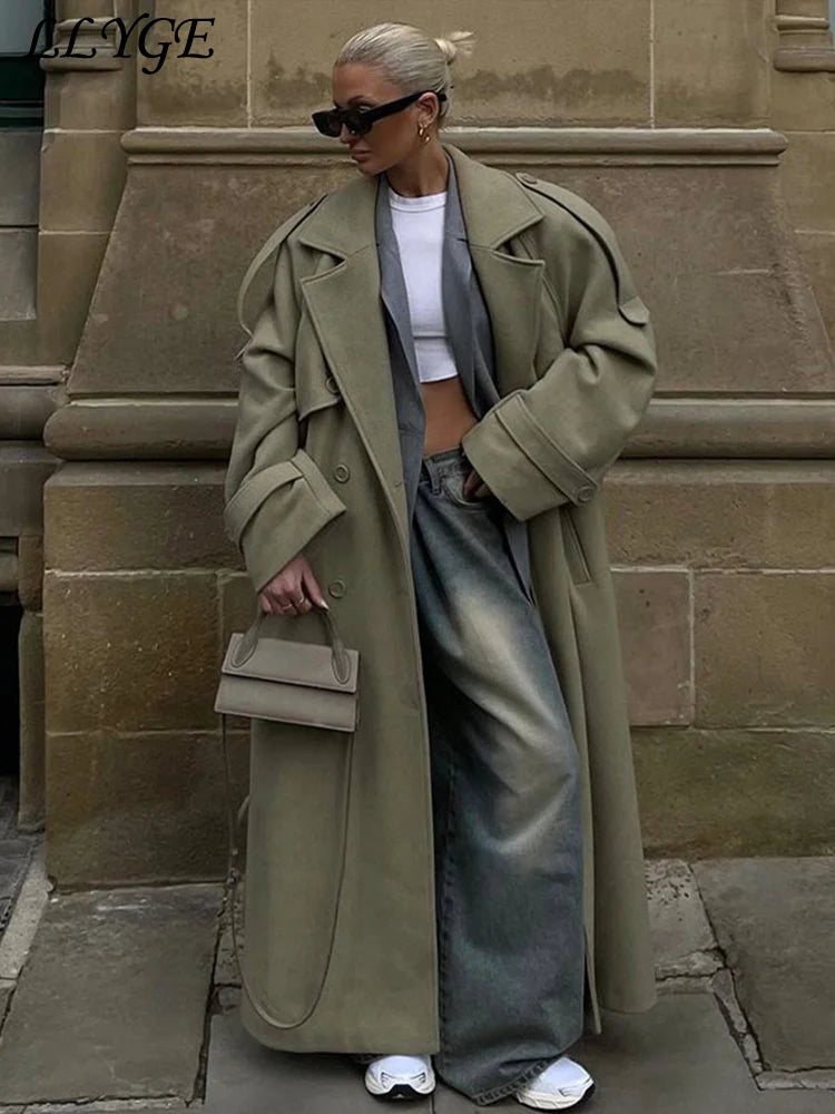 Street Ribbed Woolen Long Coat