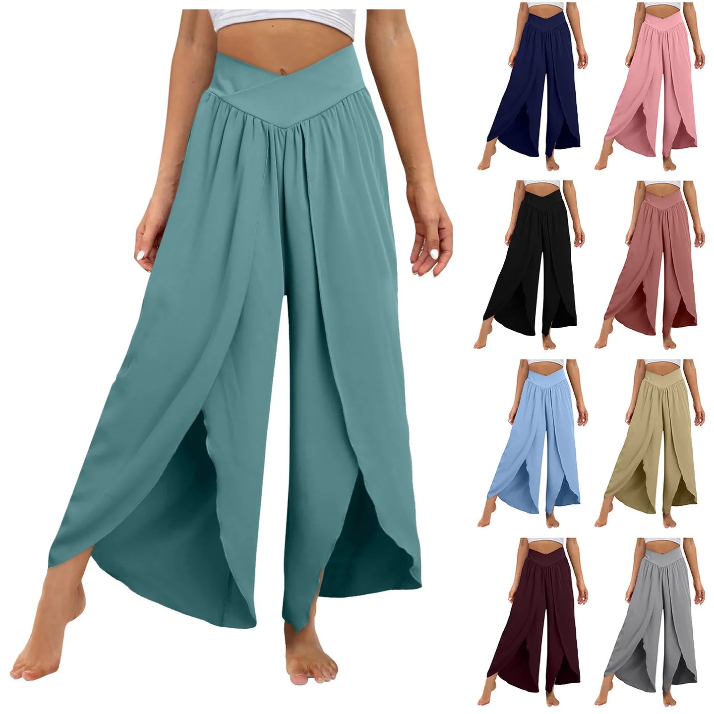Wide Leg Pants With Front Slit High Waisted Pleated