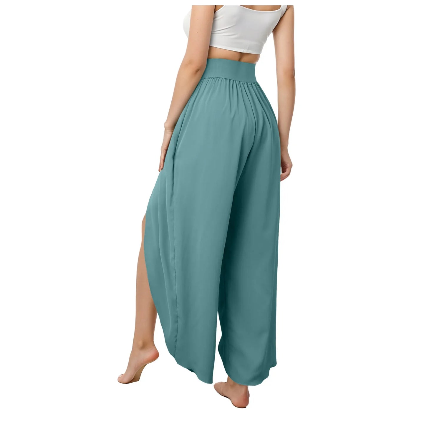 Wide Leg Pants With Front Slit High Waisted Pleated