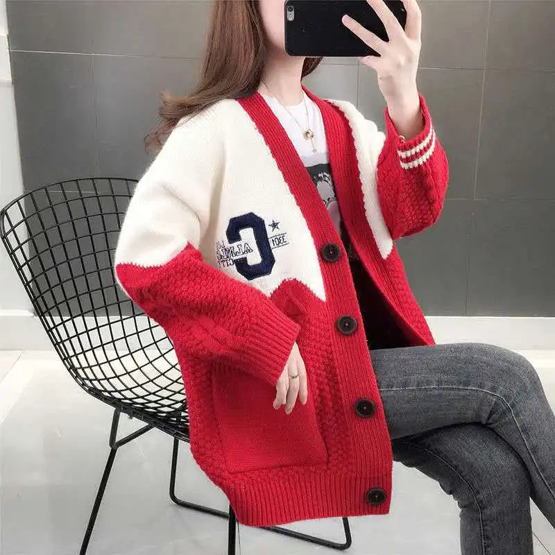 Winter Style Loose Diamond Plaid Long-Sleeve Cardigan