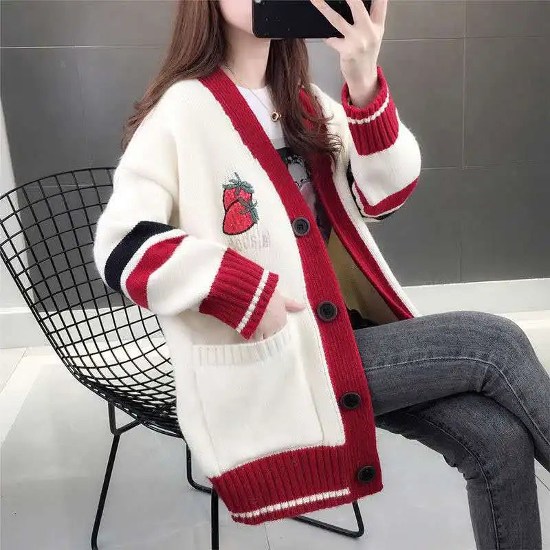 Winter Style Loose Diamond Plaid Long-Sleeve Cardigan
