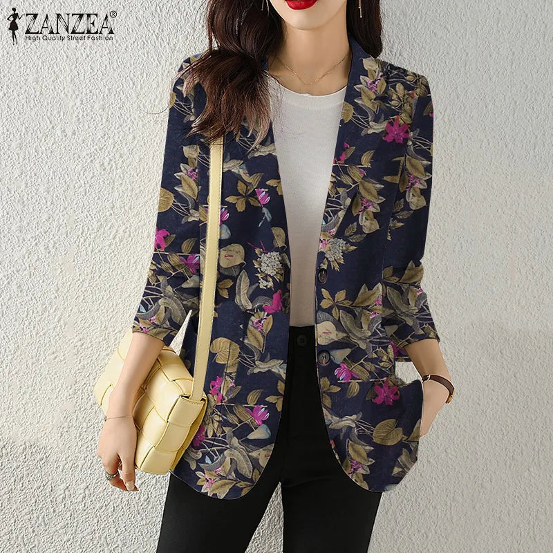 Women Autumn Blazer Retro Printed Coats