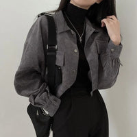 Rimocy Chic Pockets Long Sleeve Cropped Blouse