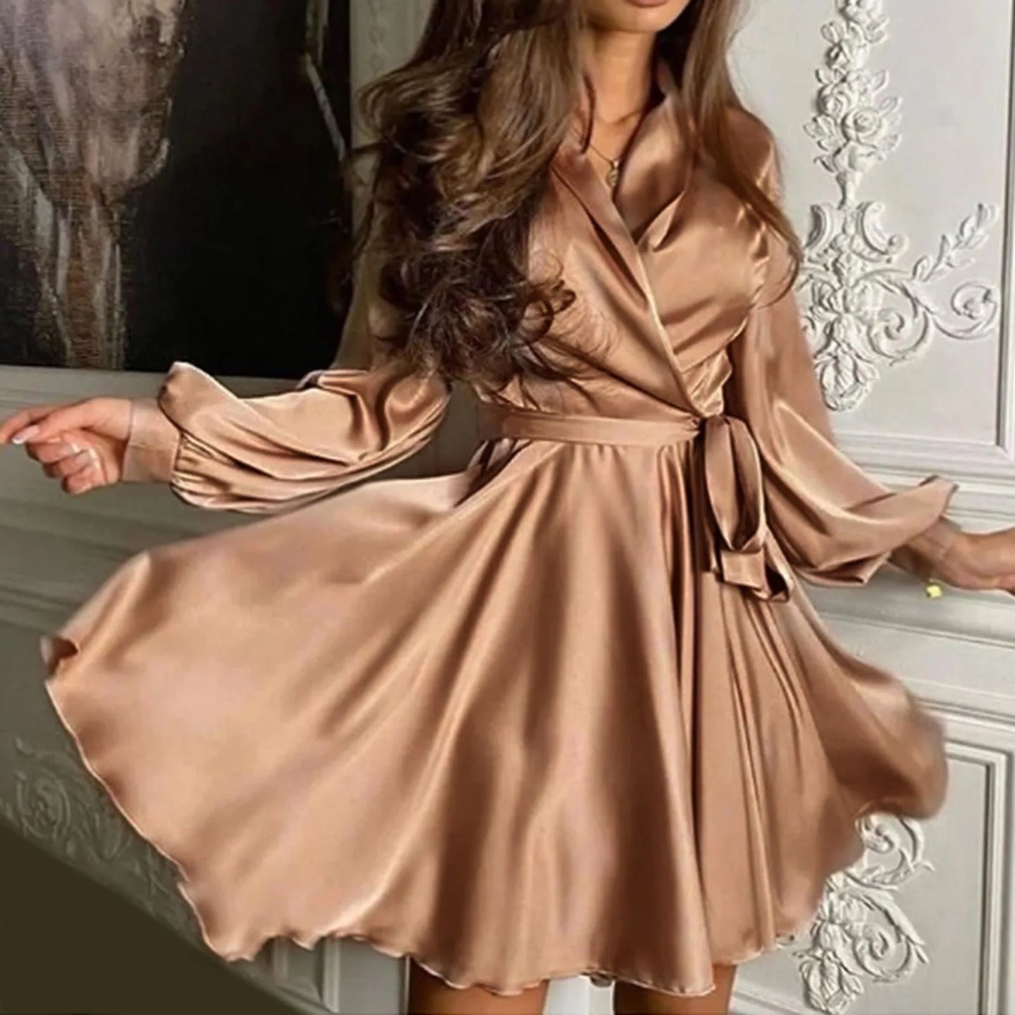 Summer Ladies V Neck Satin Dress Long Sleeve