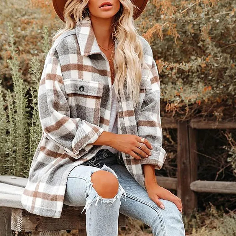 Autumn Women's Plaid Jacket Long Sleeve Lapel