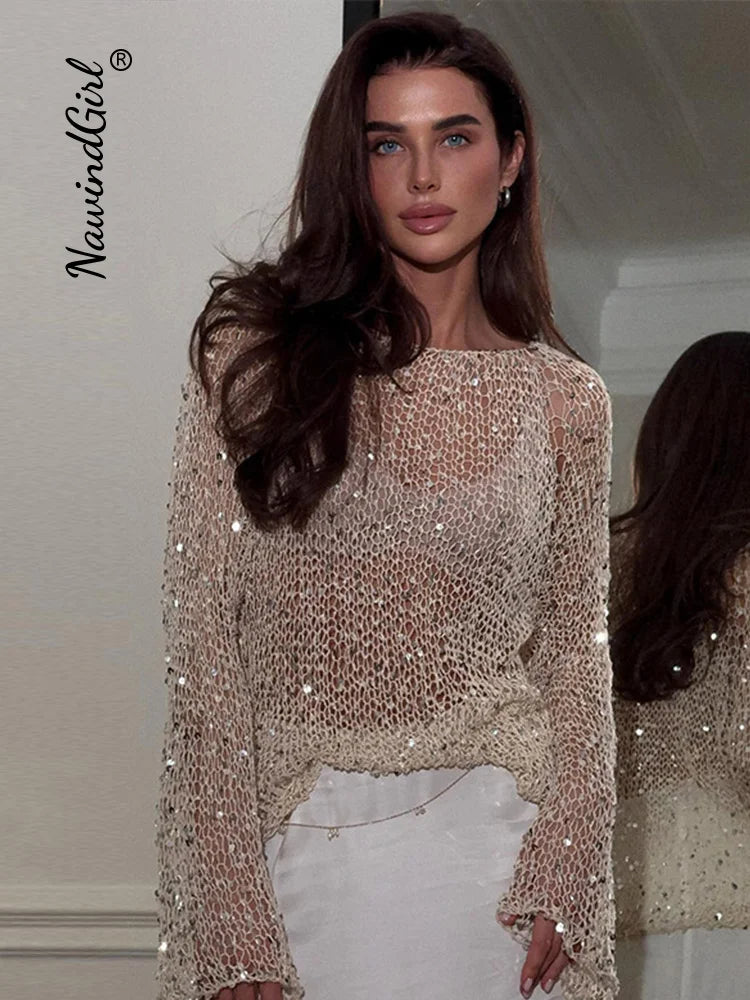 Sexy Sequins Hollow Pullover O-neck Long Sleeve Sweater
