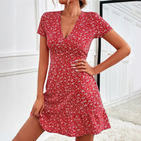 Summer V Neck Short Sleeve Floral Print Yellow Dress