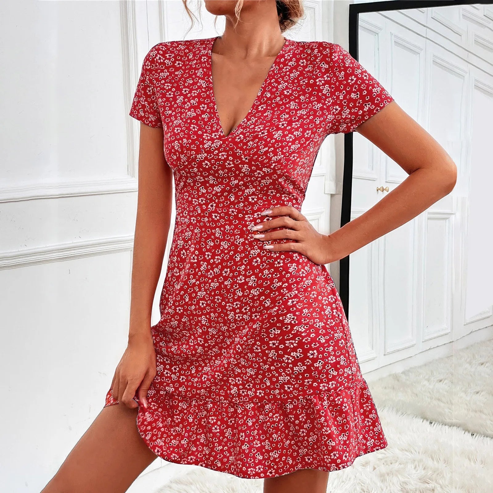 Summer V Neck Short Sleeve Floral Print Yellow Dress