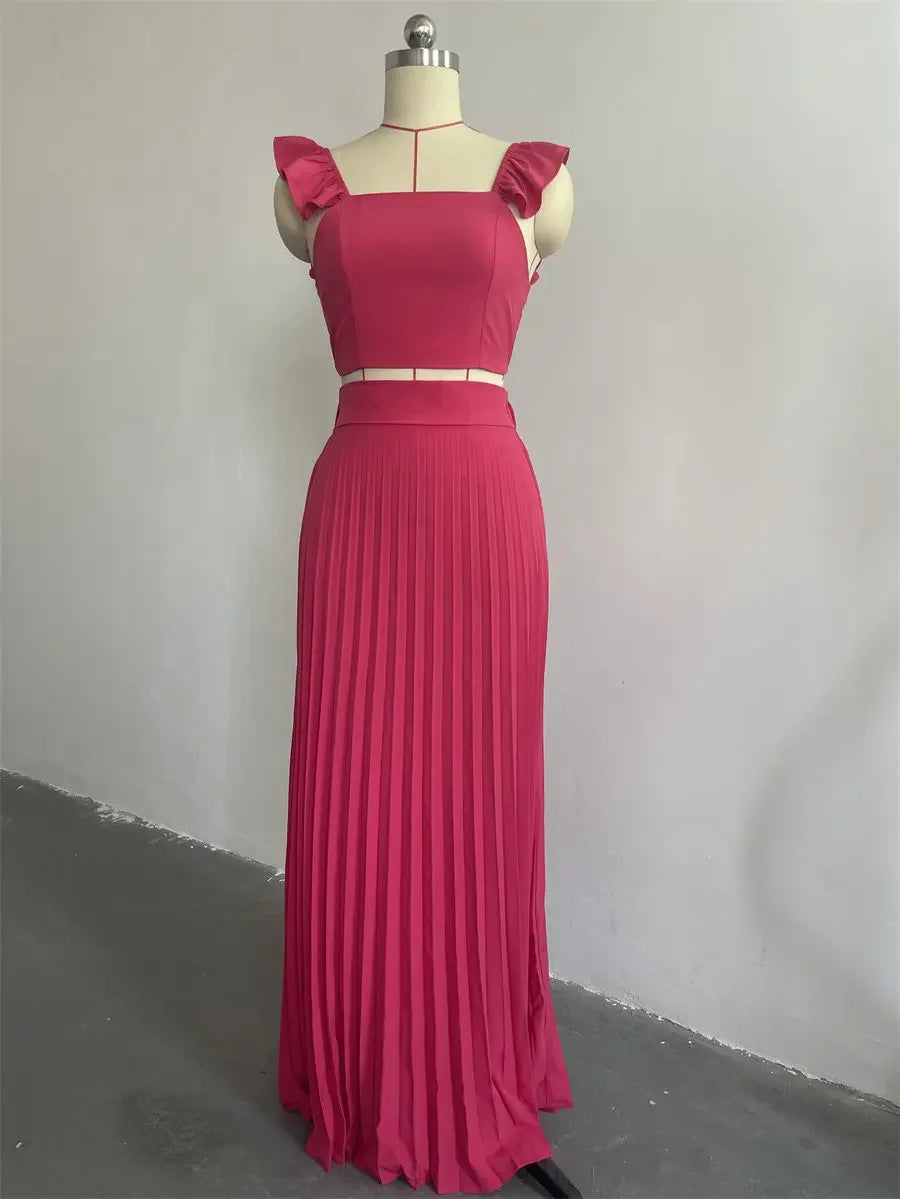 Women Top Short Vest High Waist Pleated Long Skirt