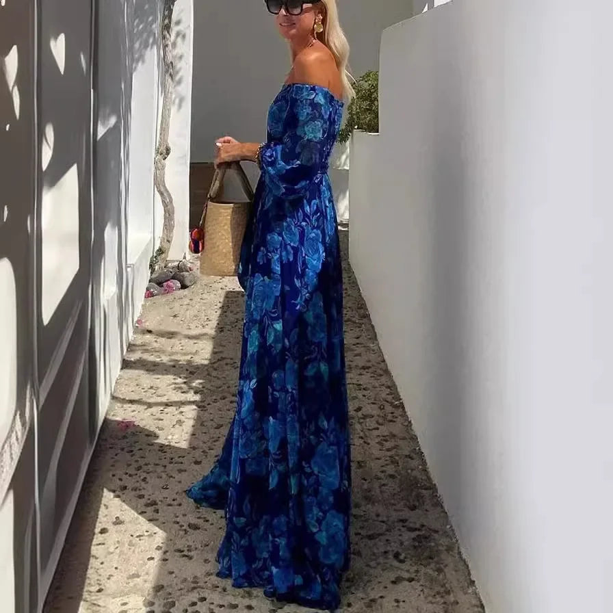 sexy slash neck, big swing print chest wrap dress