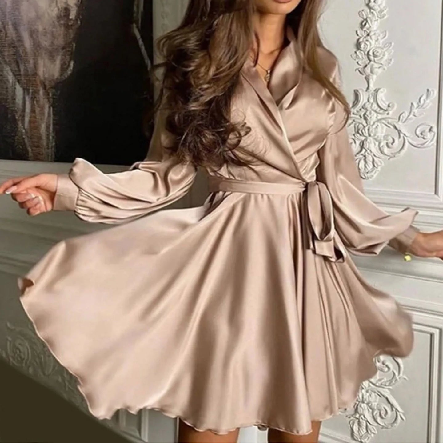 Summer Ladies V Neck Satin Dress Long Sleeve