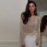 Sexy Sequins Hollow Pullover O-neck Long Sleeve Sweater
