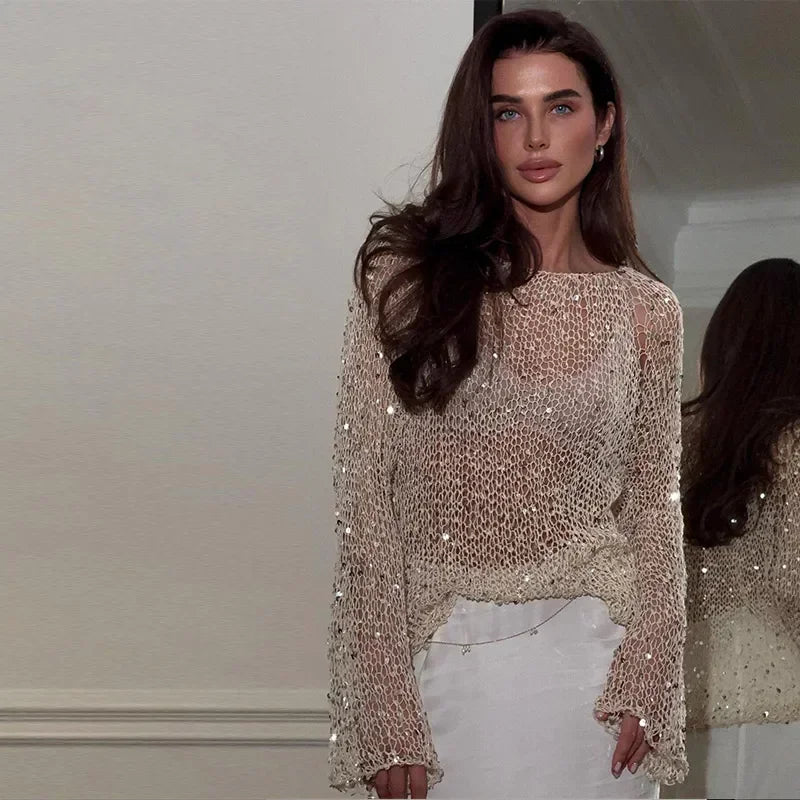Sexy Sequins Hollow Pullover O-neck Long Sleeve Sweater