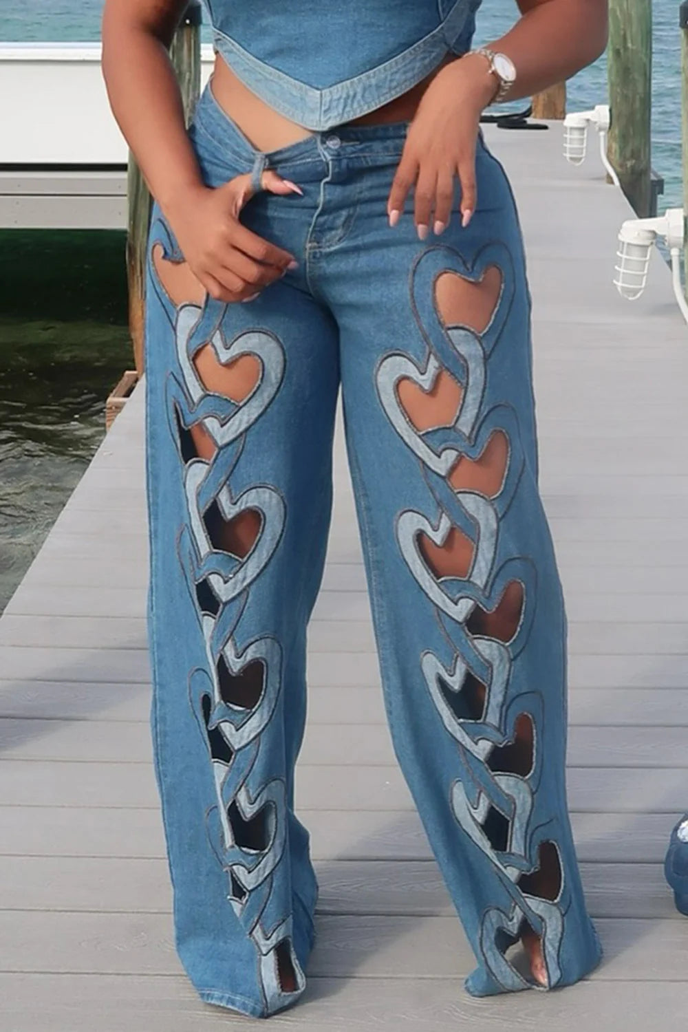 Blue Heart Cut Out Wide Leg Denim Jeans