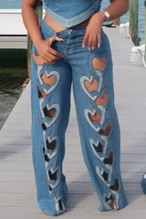Blue Heart Cut Out Wide Leg Denim Jeans