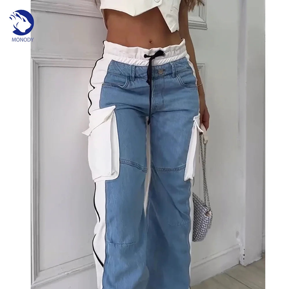 High Waist Women Patchwork Jeans Baggy