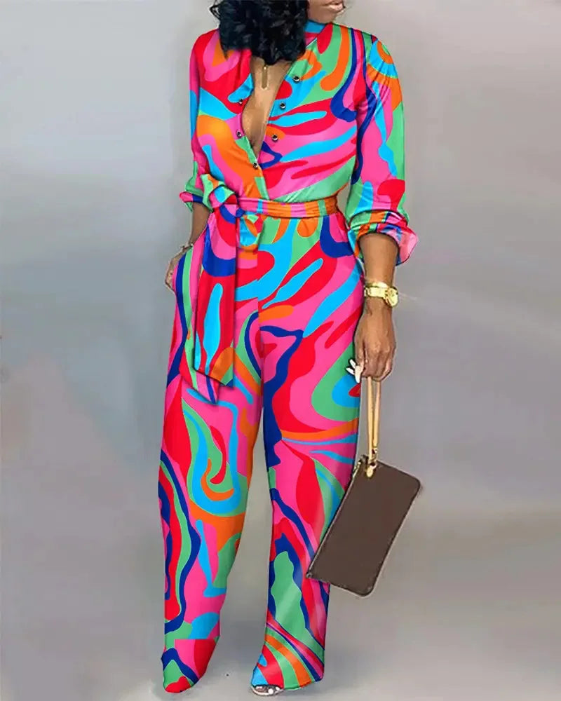 Autumn Casual Jumpsuits fashion Print V-Neck