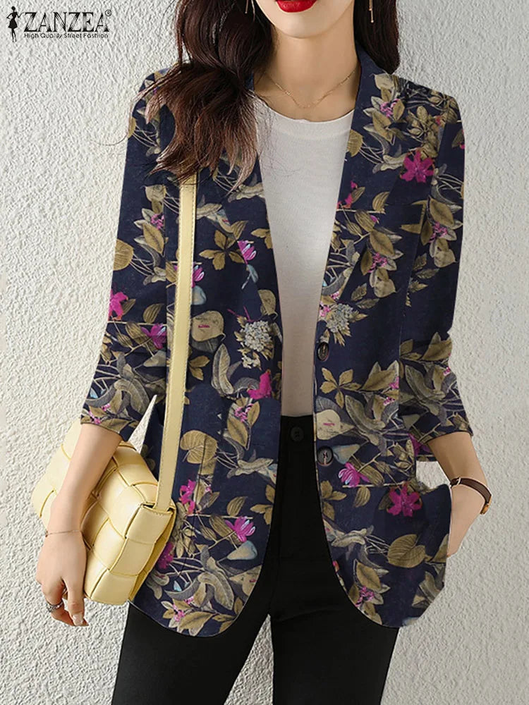 Women Autumn Blazer Retro Printed Coats