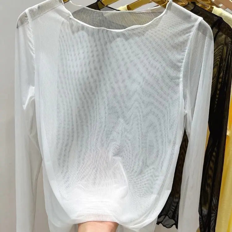 Fashion Mesh T-shirts Women Vintage Transparent Tops