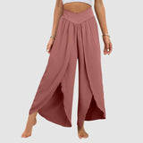 Wide Leg Pants With Front Slit High Waisted Pleated