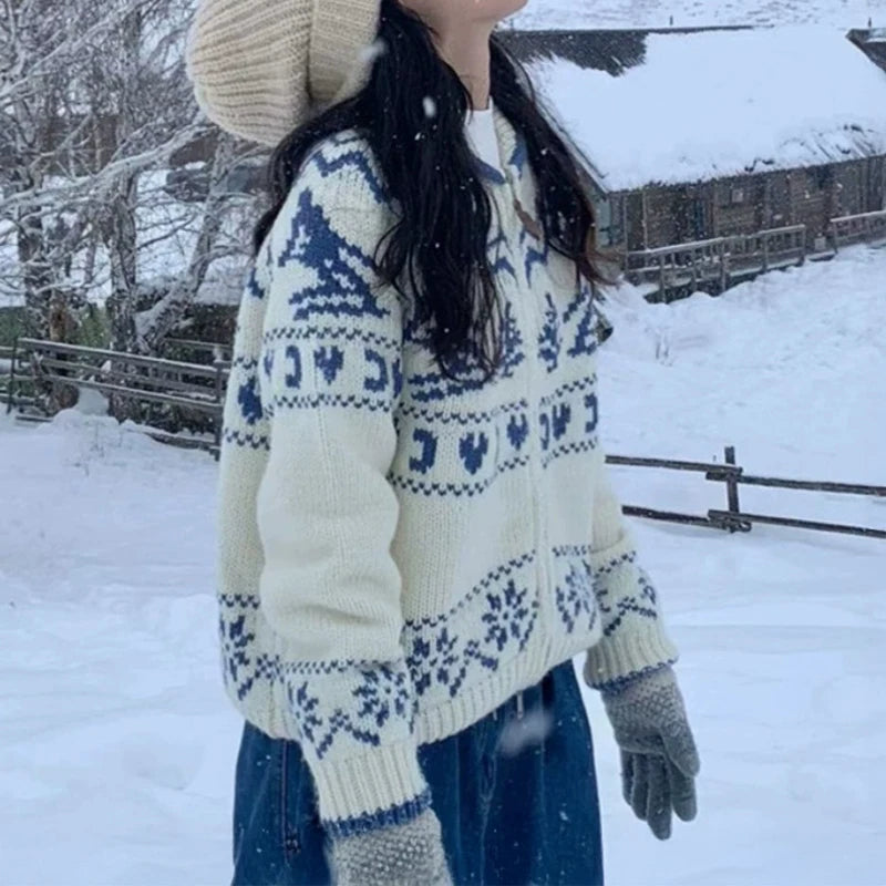 Chunky Knit Collared Zip-up Jacket Cozy Cardigan
