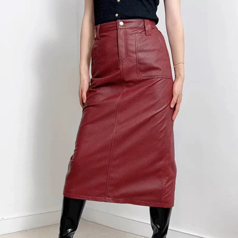 Women Genuine Leather Long Maxi Skirts