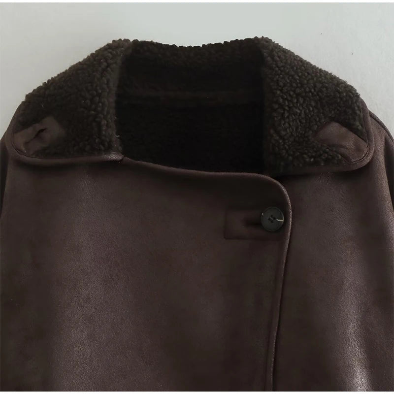 Women Casual Lapel Thick Faux Leather Jackets