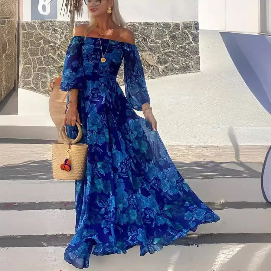 sexy slash neck, big swing print chest wrap dress