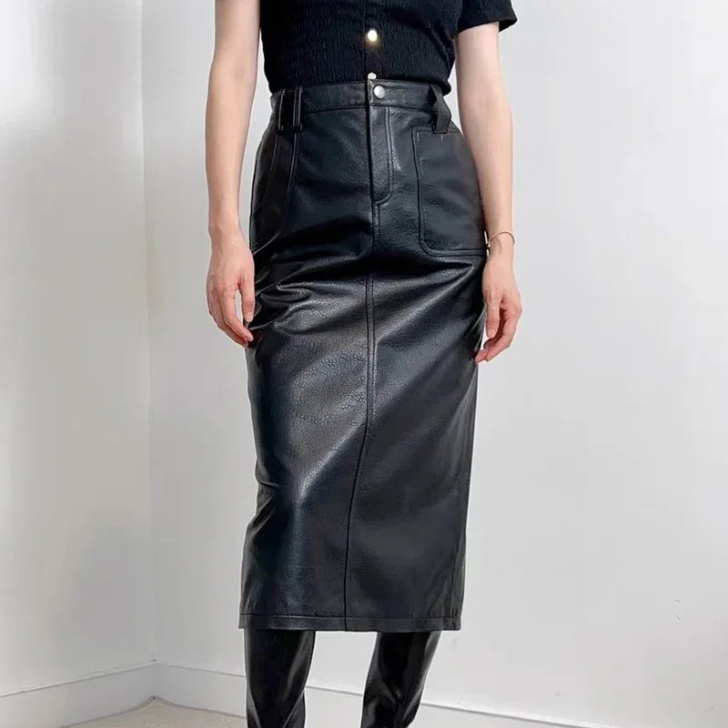 Women Genuine Leather Long Maxi Skirts