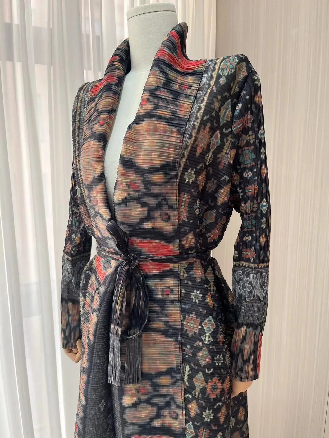 Miyake Pleated Print Foldable Collar Long Sleeve Coats