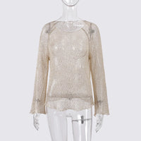 Sexy Sequins Hollow Pullover O-neck Long Sleeve Sweater