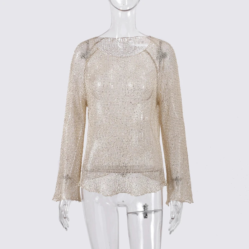 Sexy Sequins Hollow Pullover O-neck Long Sleeve Sweater