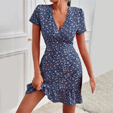 Summer V Neck Short Sleeve Floral Print Yellow Dress