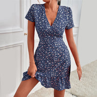 Summer V Neck Short Sleeve Floral Print Yellow Dress