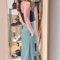 Elegant Women Striped PU Crop with Long Skirt