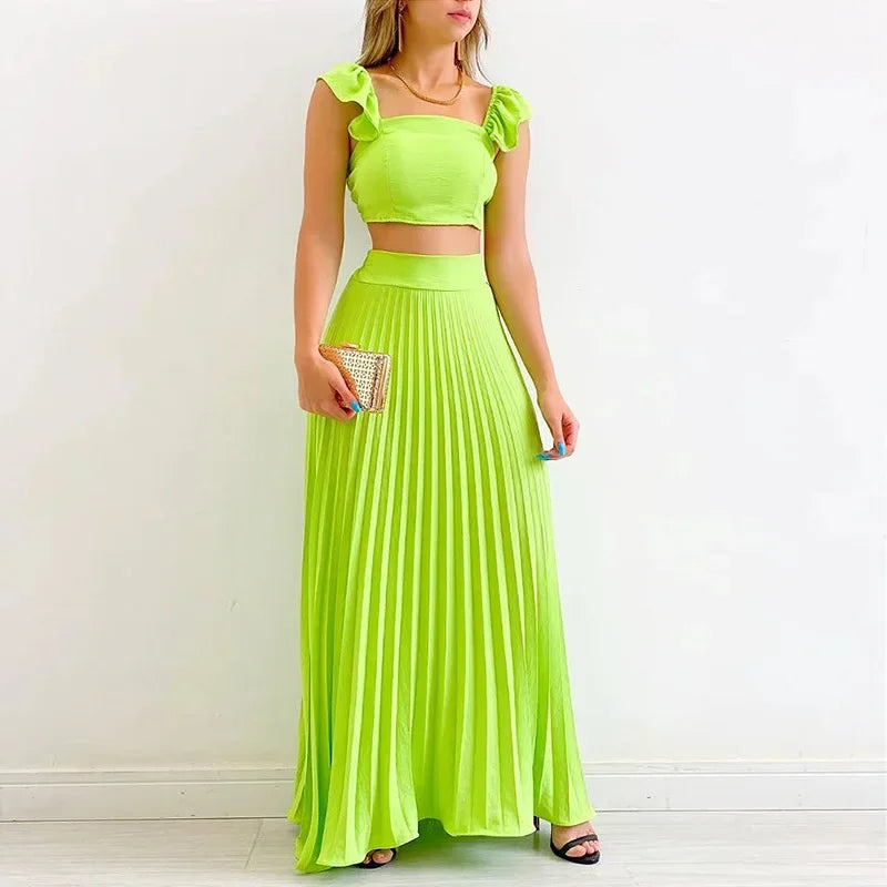 Women Top Short Vest High Waist Pleated Long Skirt