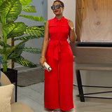 Lapel Pocket Waist Trimming Wide Leg Sleeveless Jumpsuit