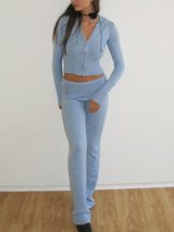 Women 2 Piece Outfits Zip Up Crop Jacket Pants Loungewear