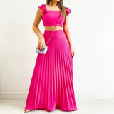 Women Top Short Vest High Waist Pleated Long Skirt
