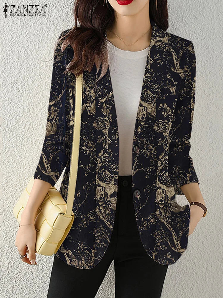 Women Autumn Blazer Retro Printed Coats