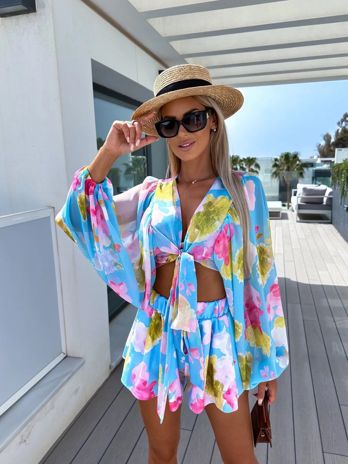 Summer deep V-neck beach style shorts suit