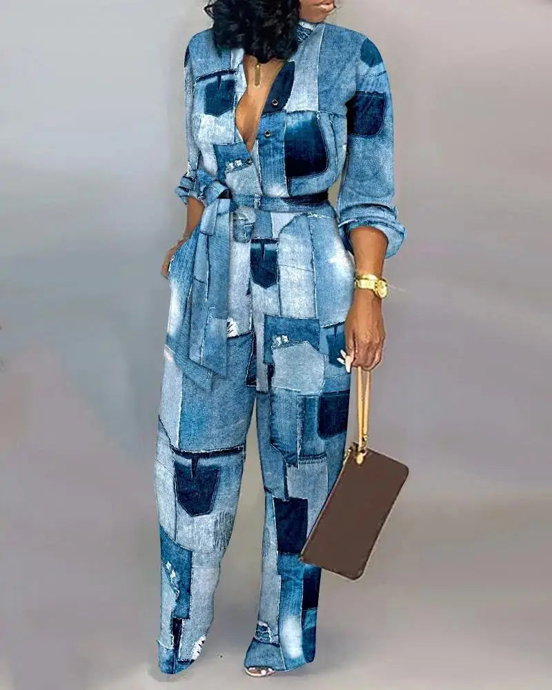 Autumn Casual Jumpsuits fashion Print V-Neck