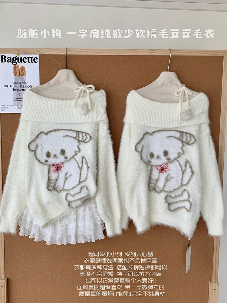 Women Shoujo Girl Slash Neck Cuddly Sweater