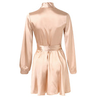 Summer Ladies V Neck Satin Dress Long Sleeve