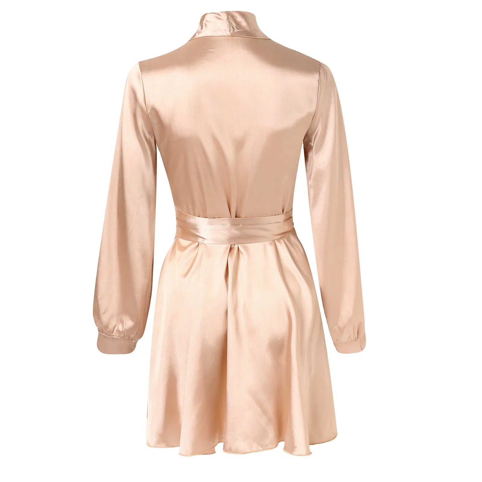 Summer Ladies V Neck Satin Dress Long Sleeve