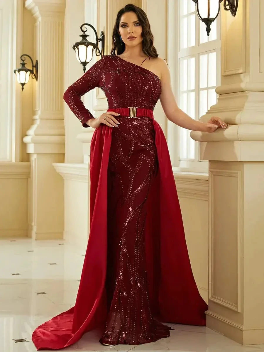 One Shoulder Sequins Evening Party Dress for Women