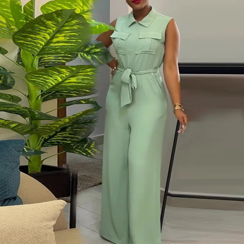 Lapel Pocket Waist Trimming Wide Leg Sleeveless Jumpsuit