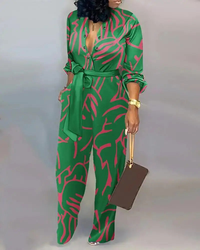 Autumn Casual Jumpsuits fashion Print V-Neck