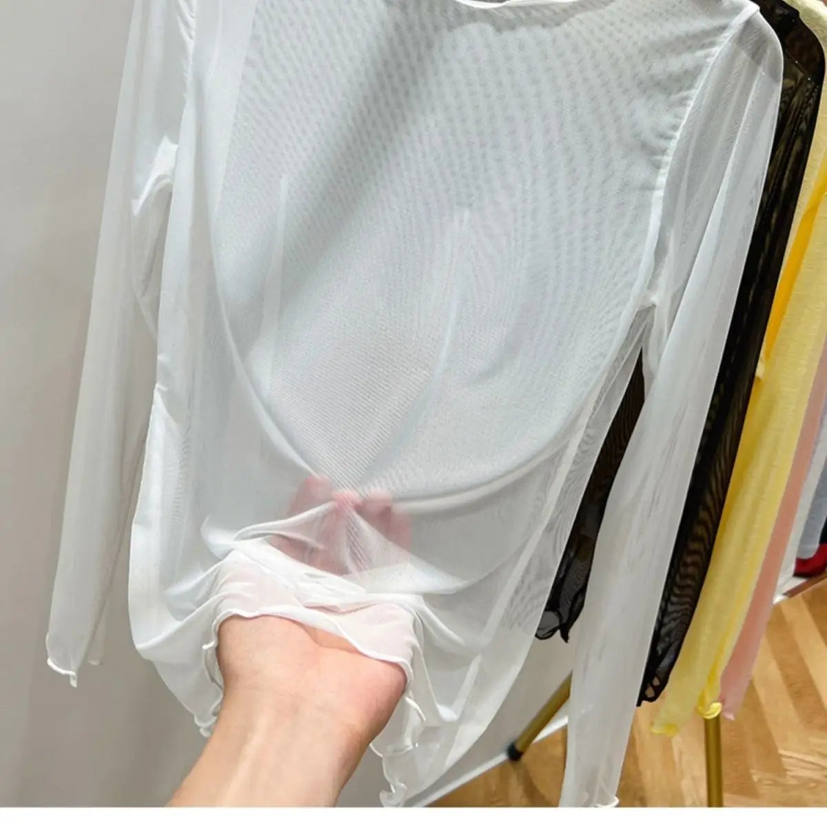 Fashion Mesh T-shirts Women Vintage Transparent Tops
